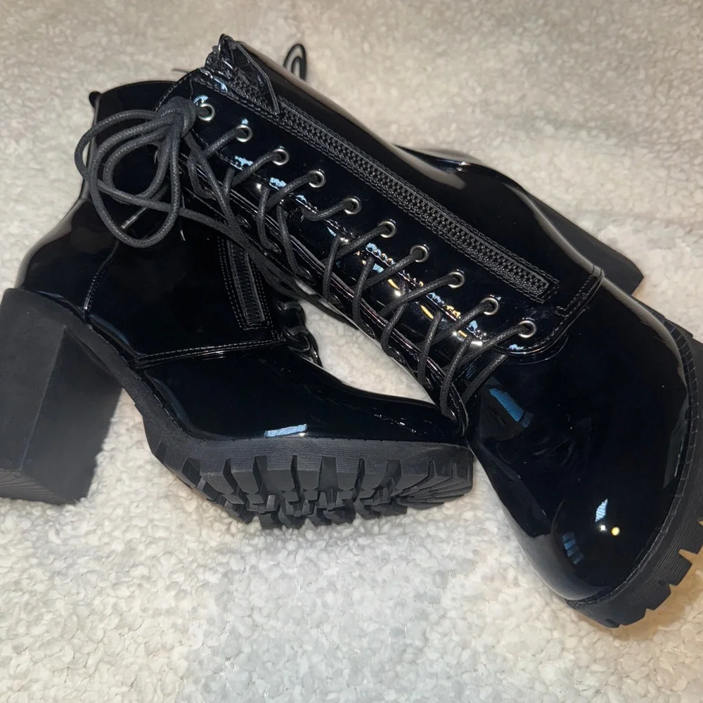 Fashion Nova Glossy Black Heeled Boots - Picture 2 of 5